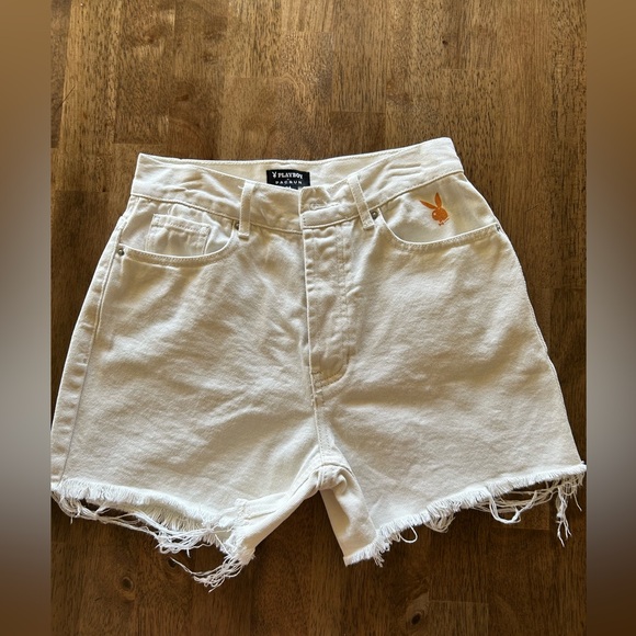 PLAYBOY Pants - PLAYBOY  PACSUN Women's White Denim Shorts with Orange Logo